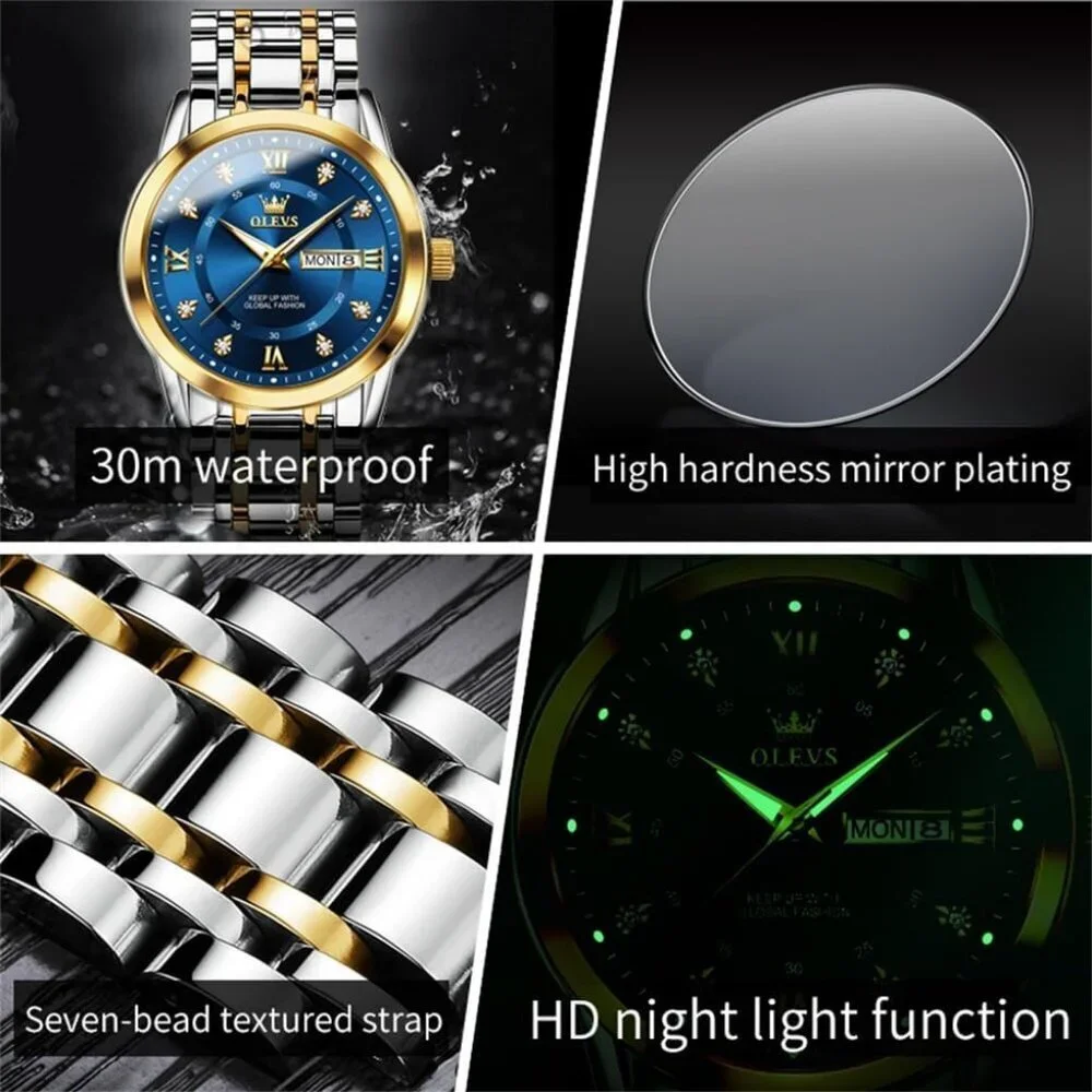 Olevs Men's Gold and Blue Stainless Steel Man Watch Luminous Stylish Watch